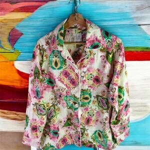 The Cat's Pajamas Women's Medium White Pink Green 100% Cotton Flannel Pajama Top